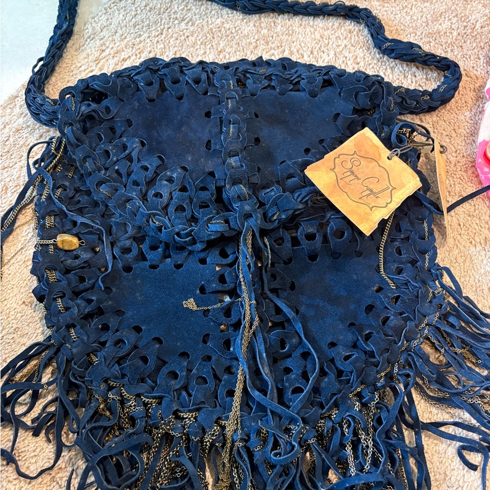 Blue Fringe Shoulder Bag with Suede Texture